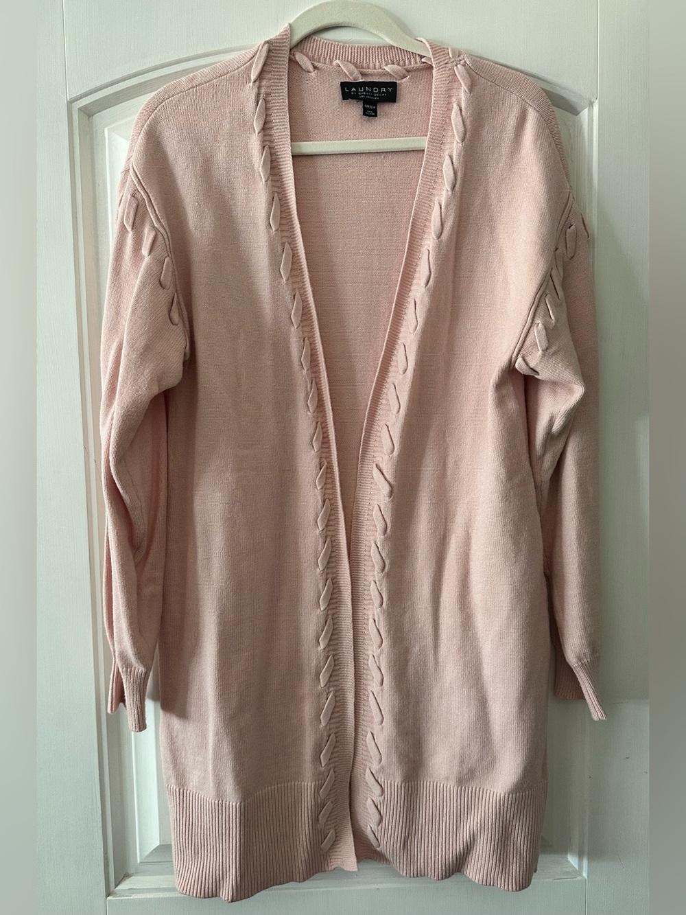 Laundry By Shelli Segal Light Pink Open-Front Cable-Trim Cardigan - Picture 2 of 7